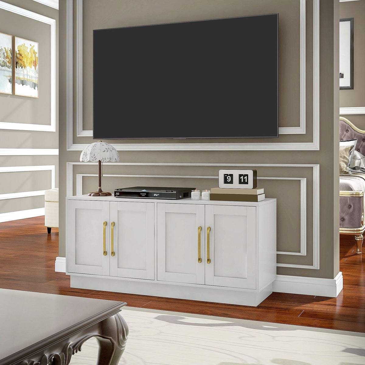 Modern TV Stand for up to 55" TV, TV Cabinet with 4 Soft Hinged Doors, 4 Cable Holes and 2 Adjustable Shelves, White