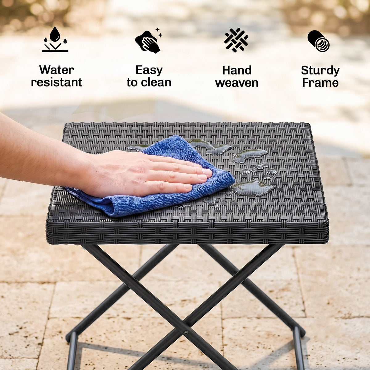 Rattan Coffee Table Folding Patio Outdoor Side Table Wicker for Balcony, Porch, Poolside, 15.75"x15.75"x15.75", Grey