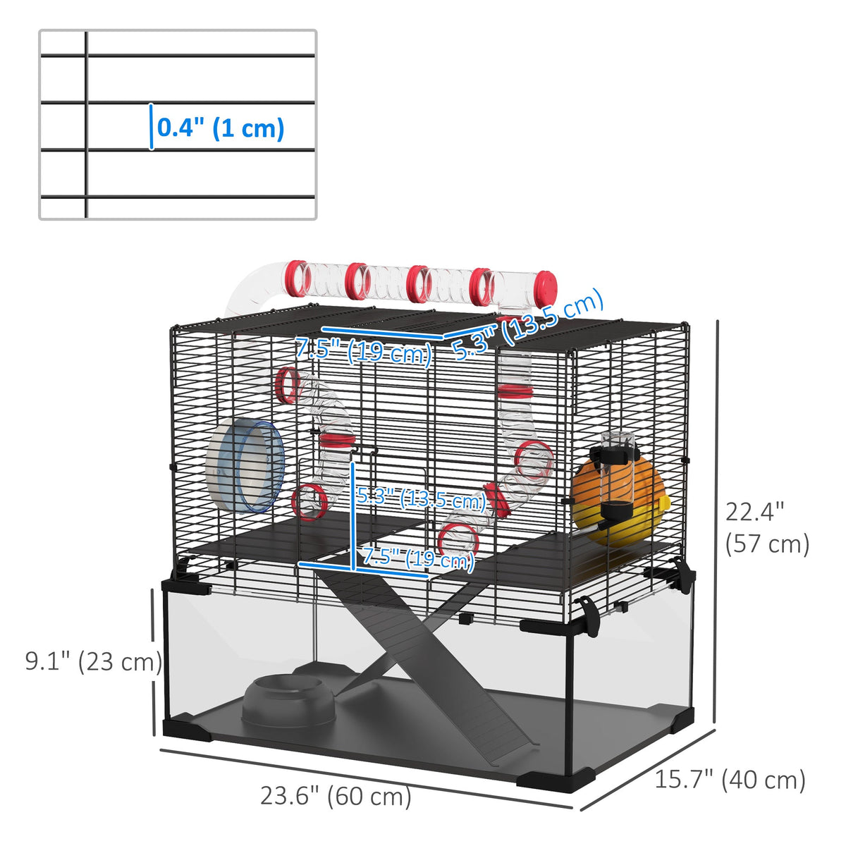 Hamster Cage with Deep Glass Bottom, Tunnel Tube System, Platforms, Hut, Exercise Wheel, Water Bottle, 24" x 16" x 22"