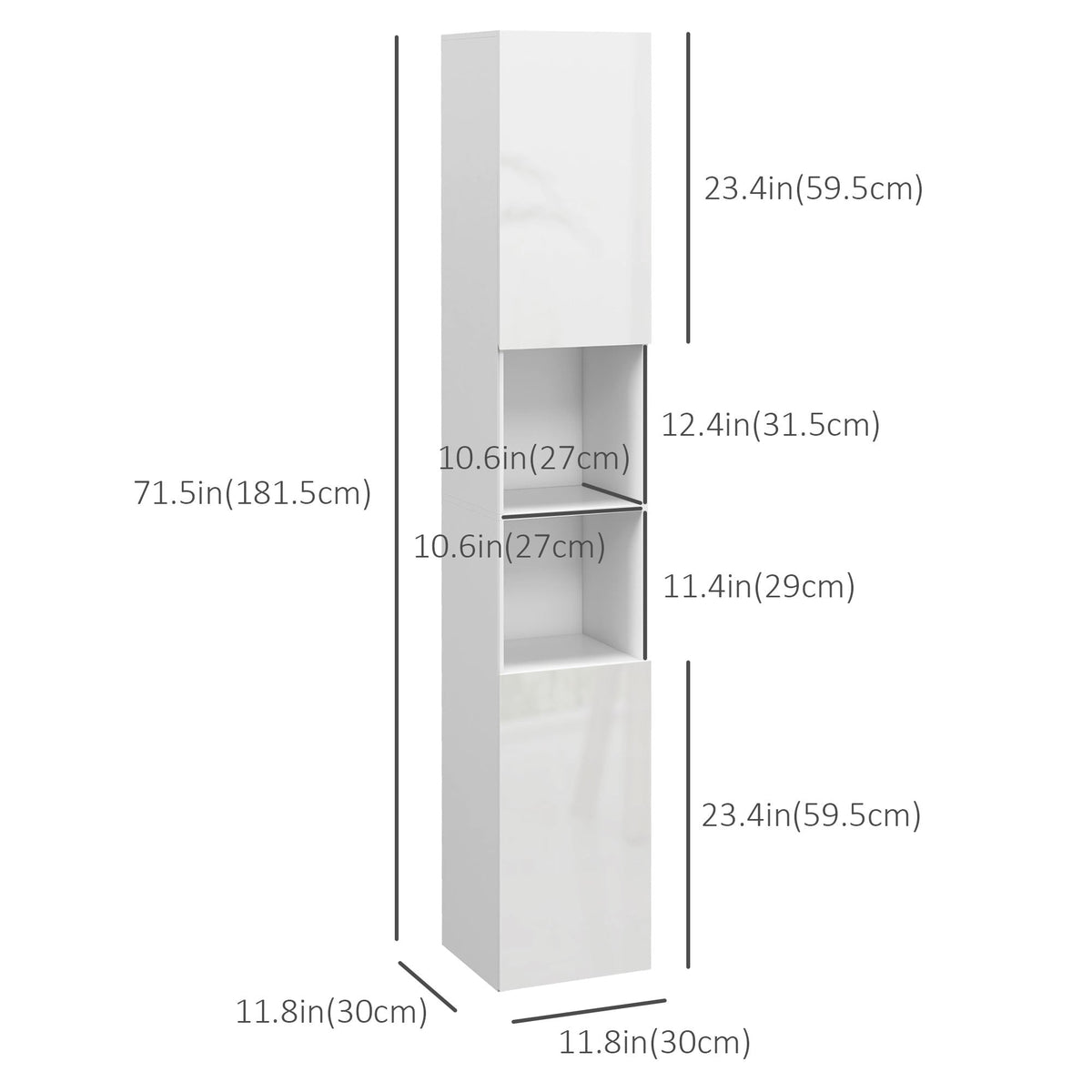 Tall Bathroom Cabinet, High Gloss Storage Cabinet with Doors and Adjustable Shelves, 11.8" x 11.8" x 71.5", Black