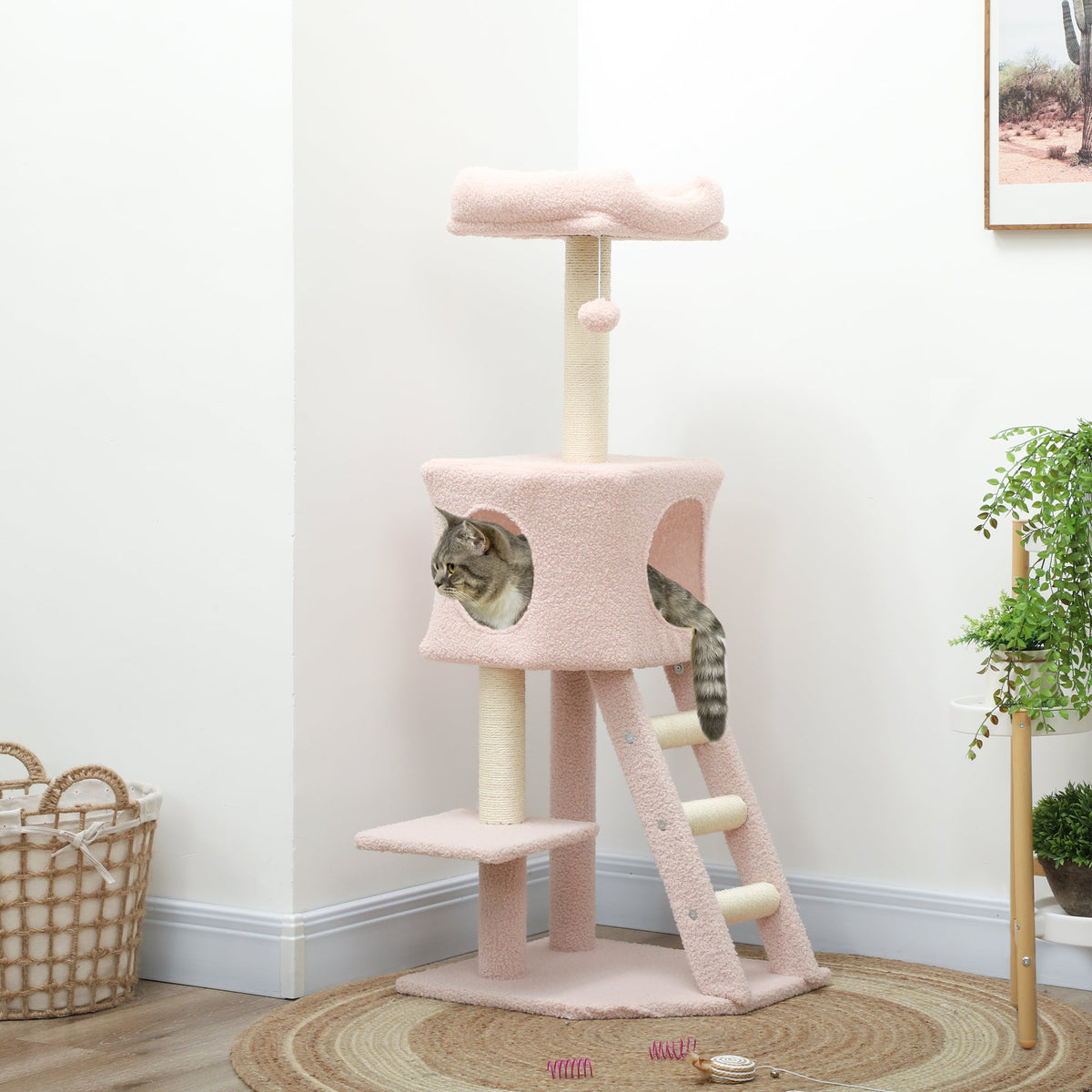 47" Tall Cat Tree Tower with Condo, Ladder, Scratching Posts and Hanging Ball, Light Grey