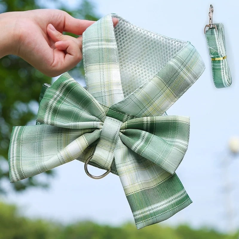 Classic Plaid Bow Dog Harness and Leash Set | Dog Walking Outfit