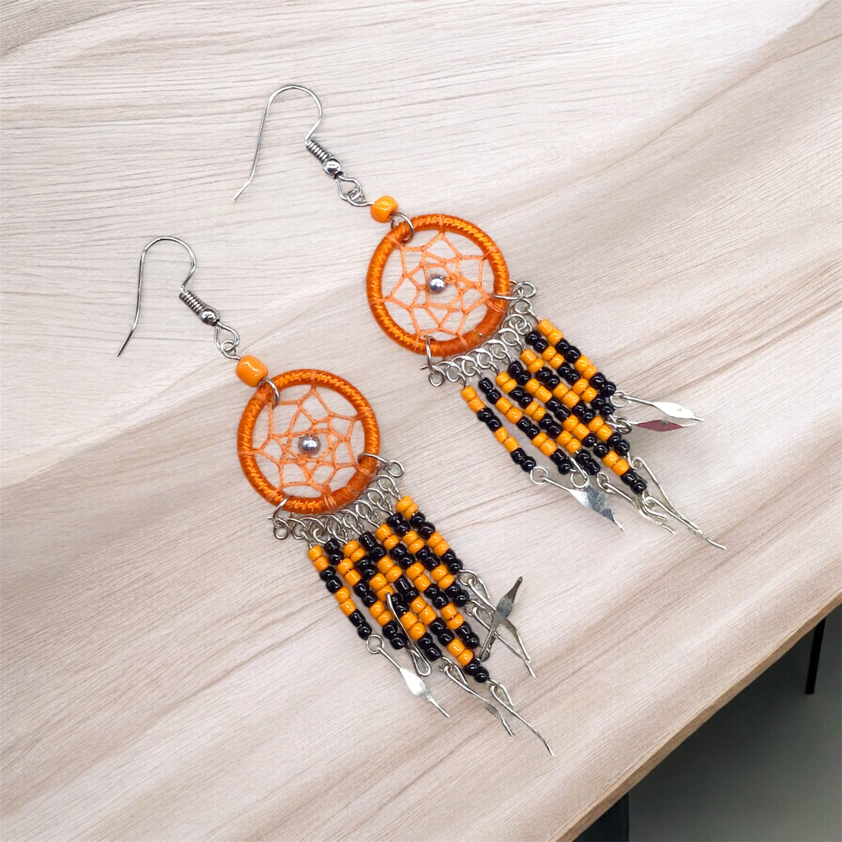 Orange and Black Beaded Dreamcatcher earrings