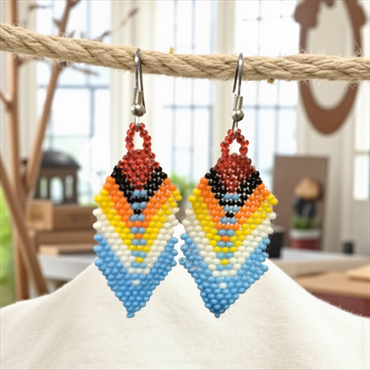 Red and light Blue Beaded Feather Drop Earrings