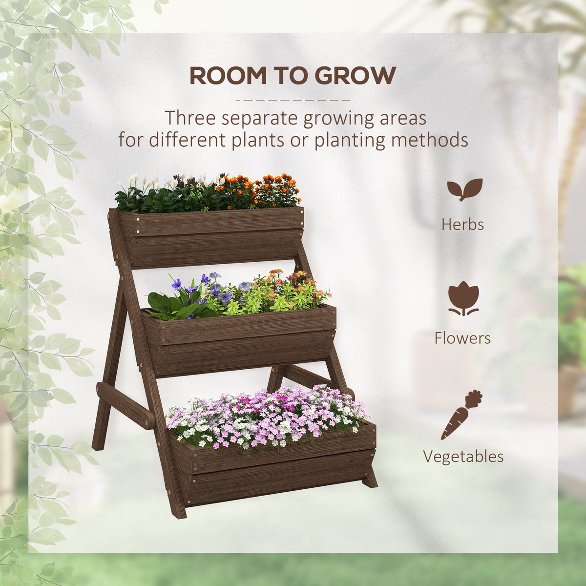 3 Tier Elevated Planter Box, Vertical Wooden Raised Garden Bed for Flowers, Vegetables, 26" x 30" x 30", Brown