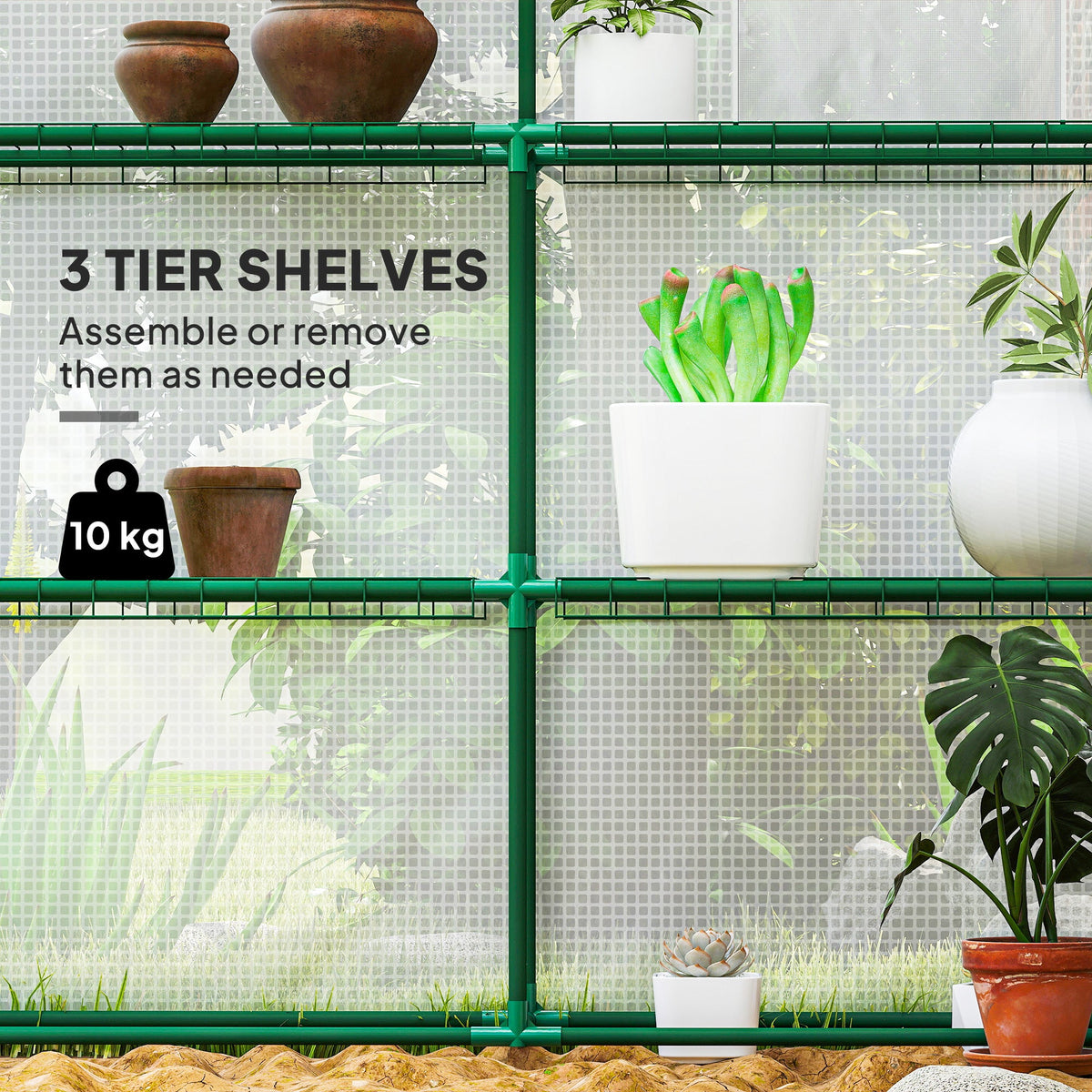 Walk-in Greenhouse with 3 Tier, Garden Plant Growhouse with Roll-up Door and Mesh Windows, 140 x 213 x 190 cm, Green