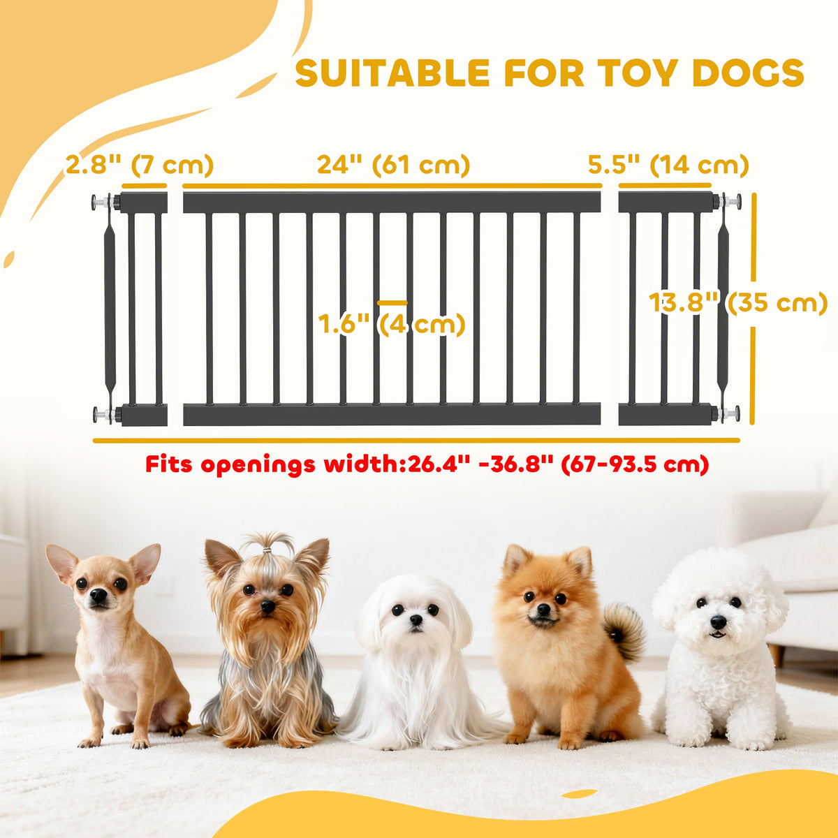 26"-37" Dog Gate, Adjustable Pet Gate, Fits 10" Tall with 2 Extension, Pressure Mount Kit for Stairs and Doorways, Black