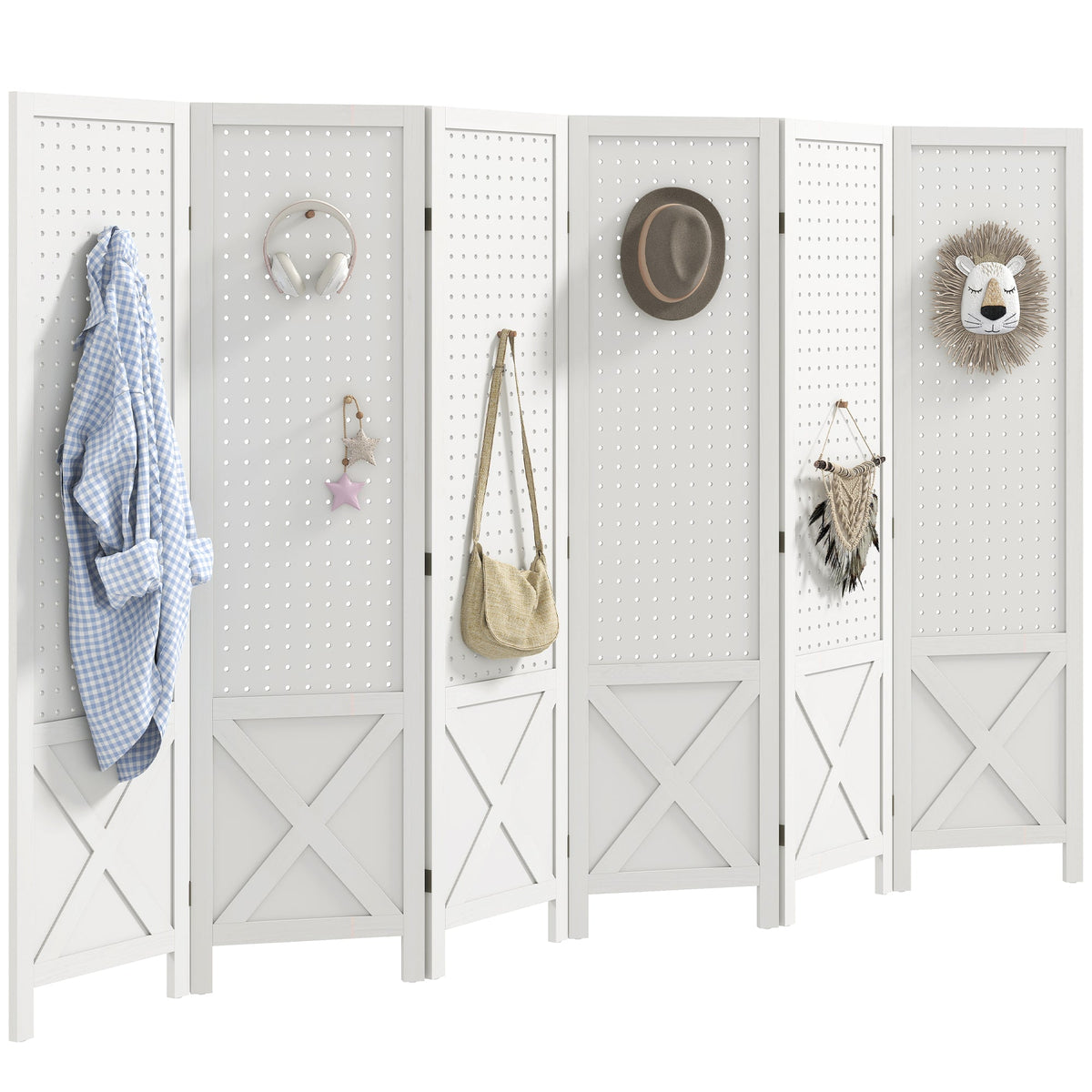4.7' 3 Panel Wooden Room Divider with Pegboard Display, Folding Privacy Screen for Home Office, Natural