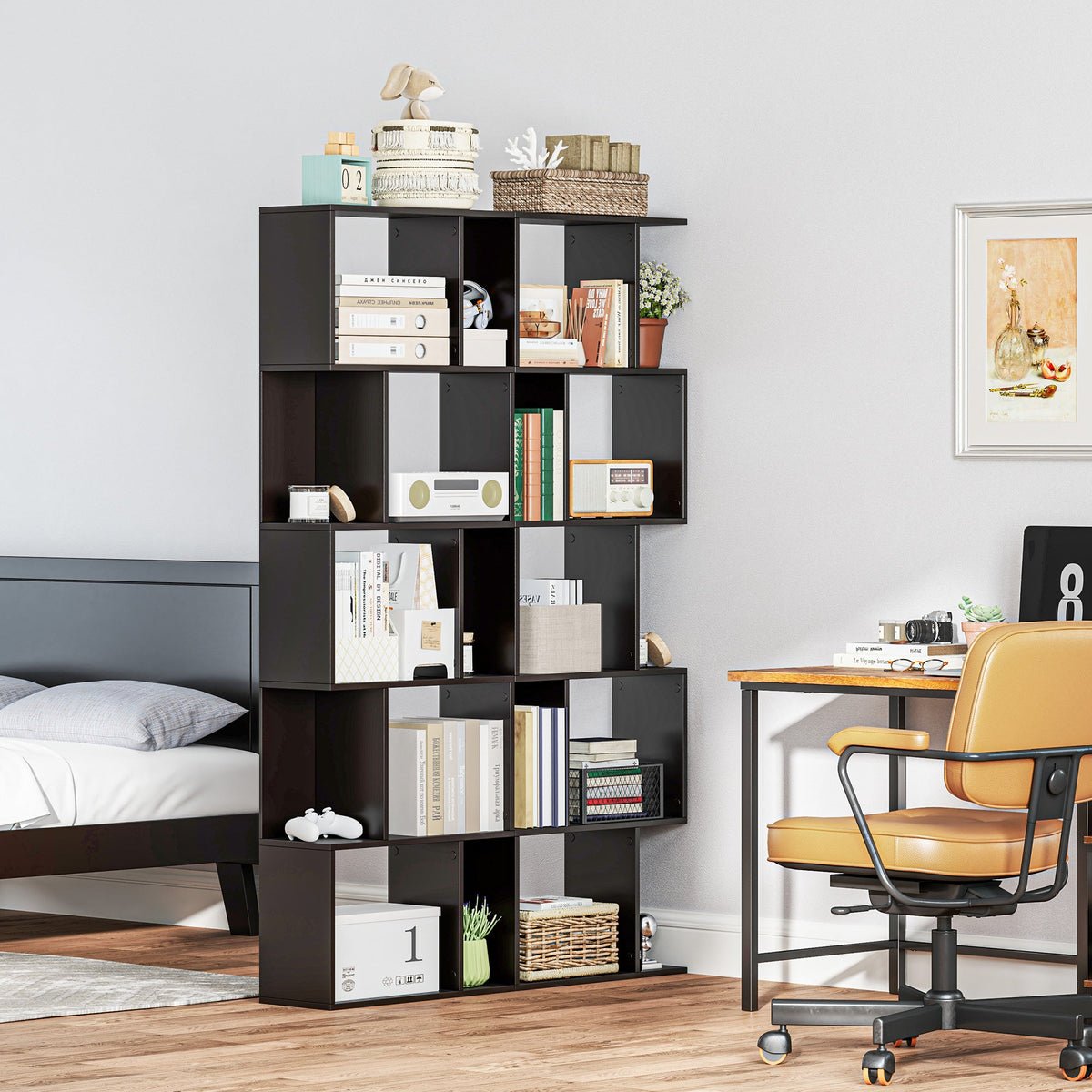 5-Tier Geometric Bookshelf, S Shaped Bookcase, Modern Freestanding Display Shelf Unit for Home Office, Black