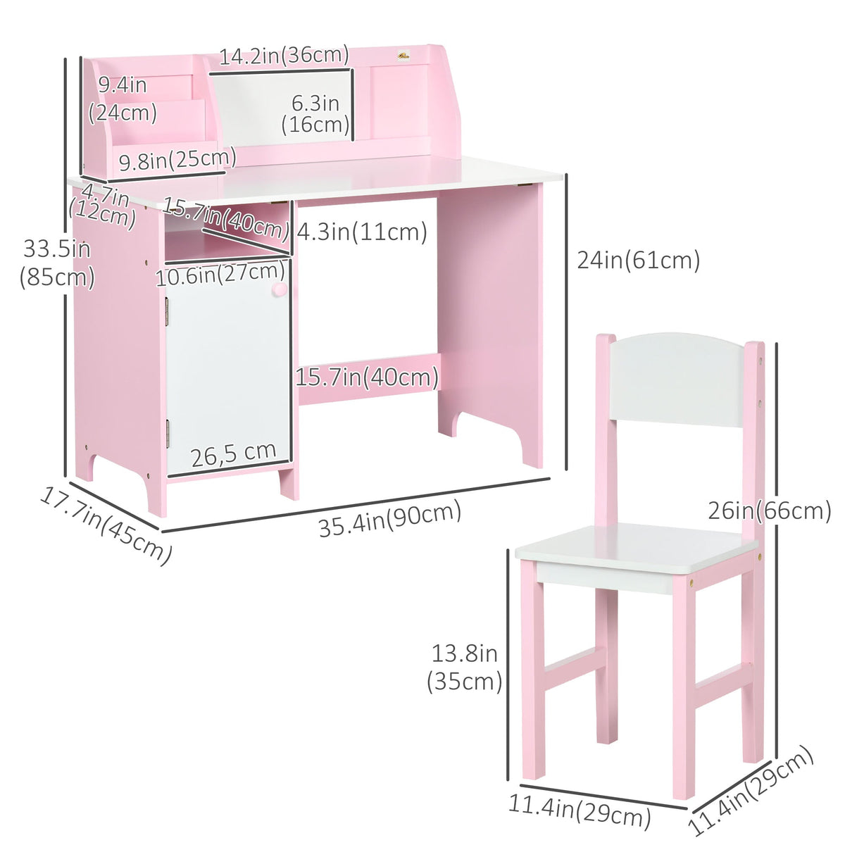 2Pcs Kids Desk and Chair Set with Whiteboard, Storage, Shelves, Grey