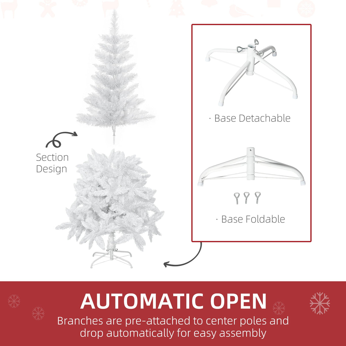 4ft Artificial Christmas Tree with Pine Realistic Branches, Auto Open, for Indoor Decoration, White