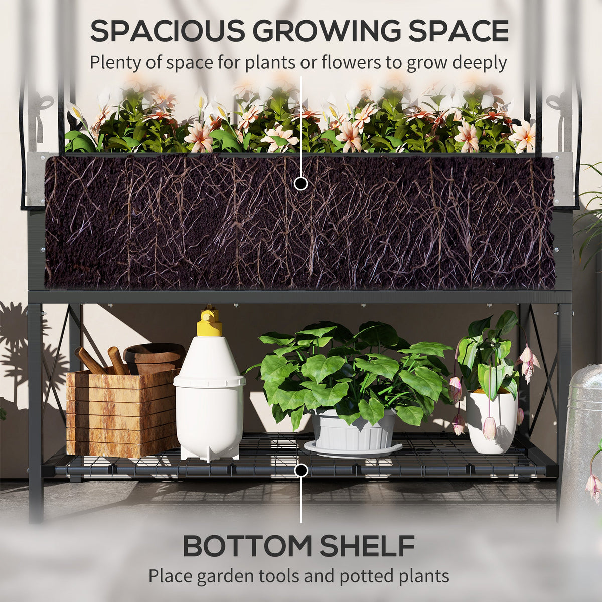 Raised Garden Bed with Cover, Metal Elevated Planter Box with Bottom Shelf and Liner, Black