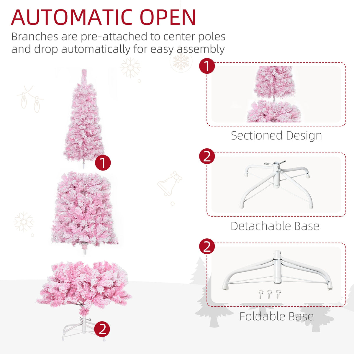 5 FT Snow Flocked Artificial Christmas Tree, Pencil Xmas Tree with Realistic Branches, Auto Open and Steel Base, Pink