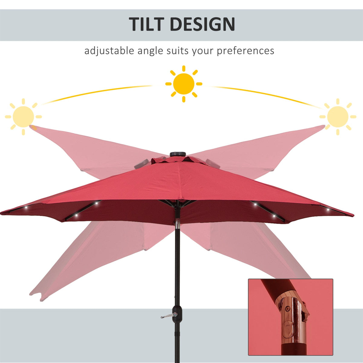 9ft Solar Patio Umbrella Outdoor Sunshade 24 LED Lights Tilt Canopy Wine Red