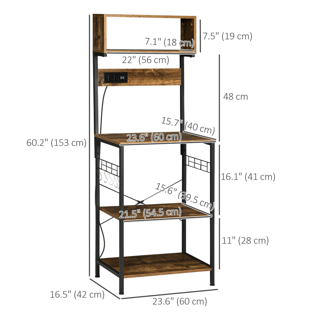 Baker's Rack with Charing Station, Microwave Shelf with Power Outlet, USB Charger and 5 Hooks, Black