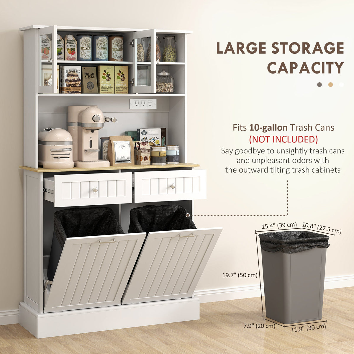 Kitchen Cabinet with Charging Station, 2 Tilt Out Cabinets, Microwave Stand, Freestanding Kitchen Pantry Cabinet, Black