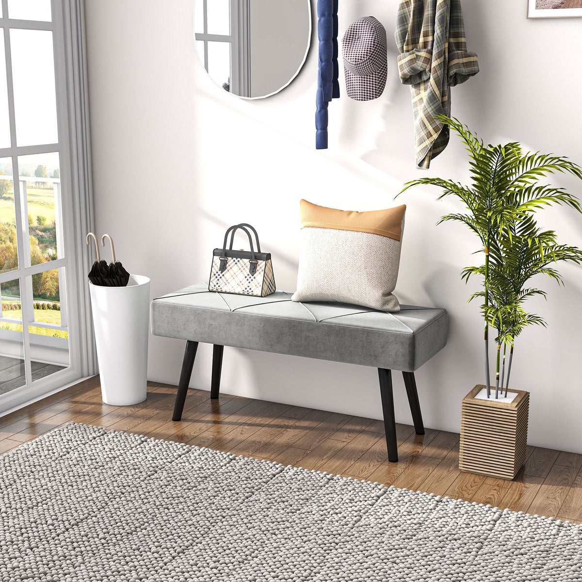 39 Inches Upholstered Bedroom Bench, Modern End of Bed Bench with Steel Legs, Cream White