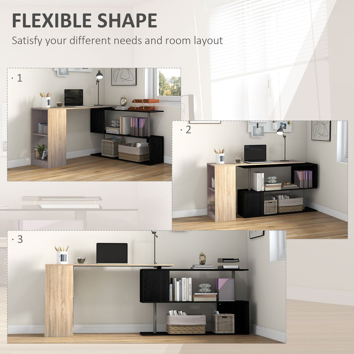 55" Corner Computer Desk, 360° Rotating L-Shaped Desk, Home Office Workstation with 3-Tier Shelves, Bookshelf, Black