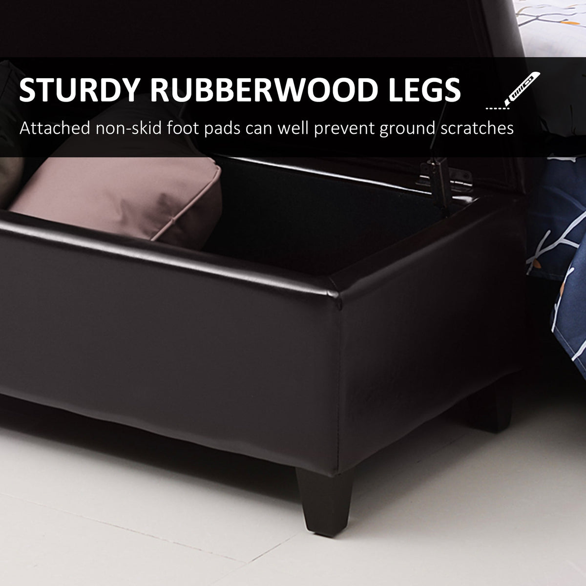 Storage Ottoman Bench, Foot Rest with Solid Wood Legs, 51 Inches PU Leather Storage Chest for Living Room, Black