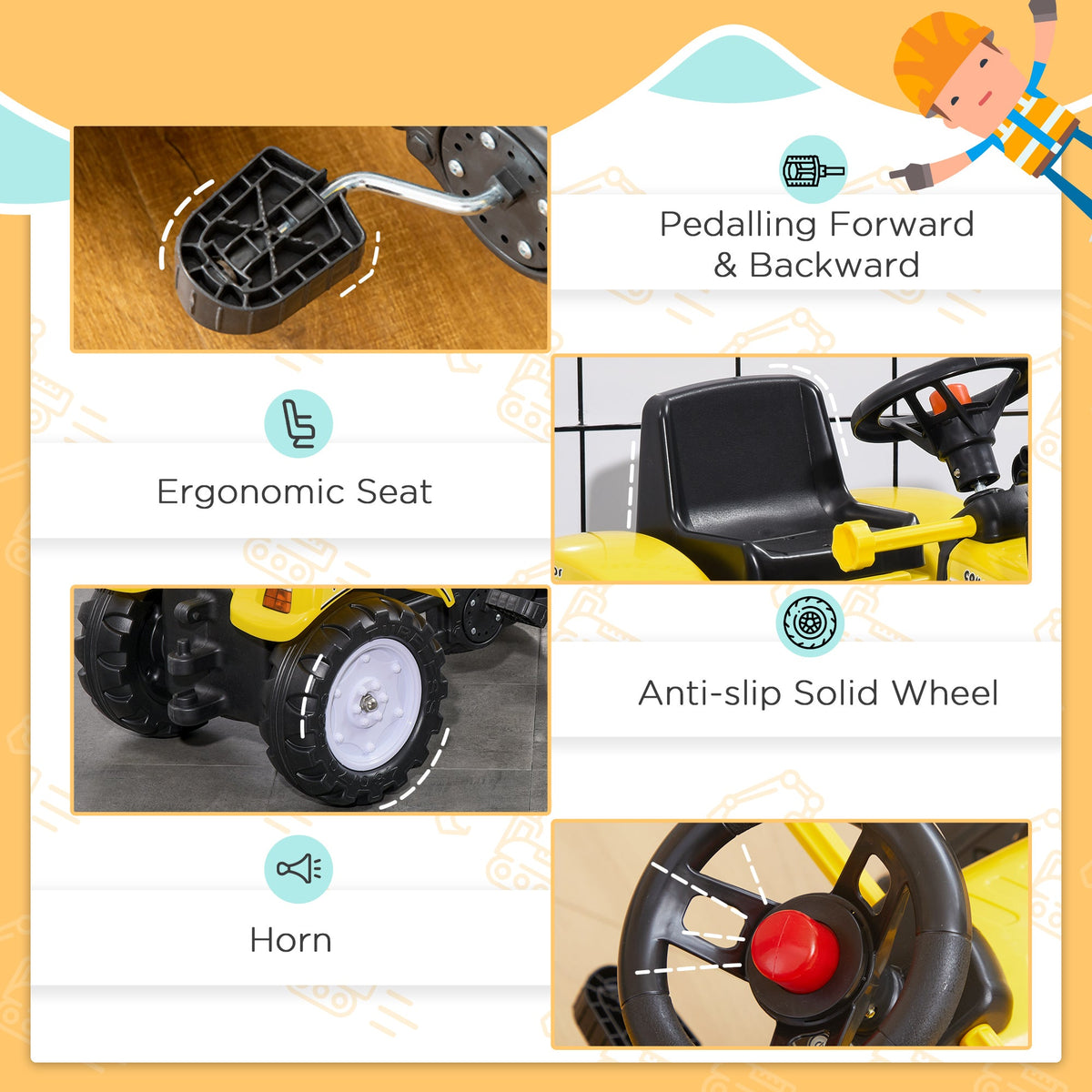 Ride on Tractor for Kids, Pedal Construction Car with Front Loader Digger for 3 Years Old, Yellow