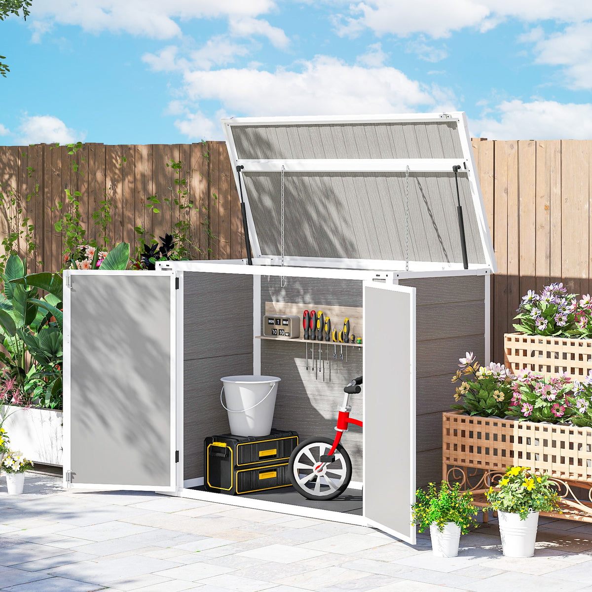 41 Cu. Ft. Outdoor Storage Shed, Outdoor Horizontal Trash Can Storage with Chain Lid, Lockable Storage Box, Grey