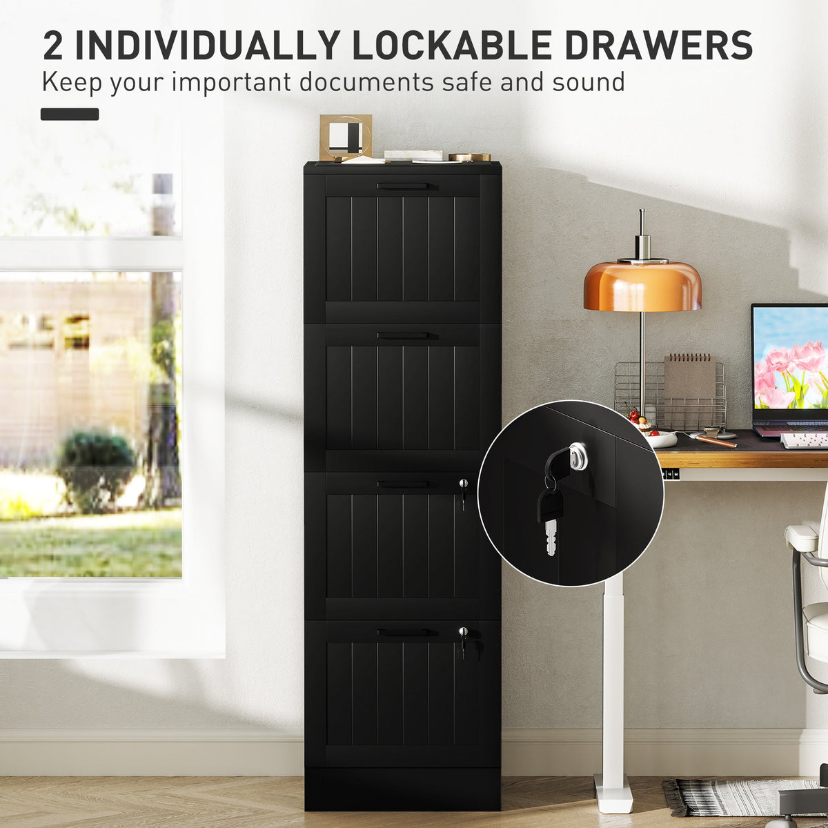 2 Drawer Filing Cabinet with Lock, Office Storage Cabinet with Adjustable Hanging Bars for A4 Letter Size Files, Black