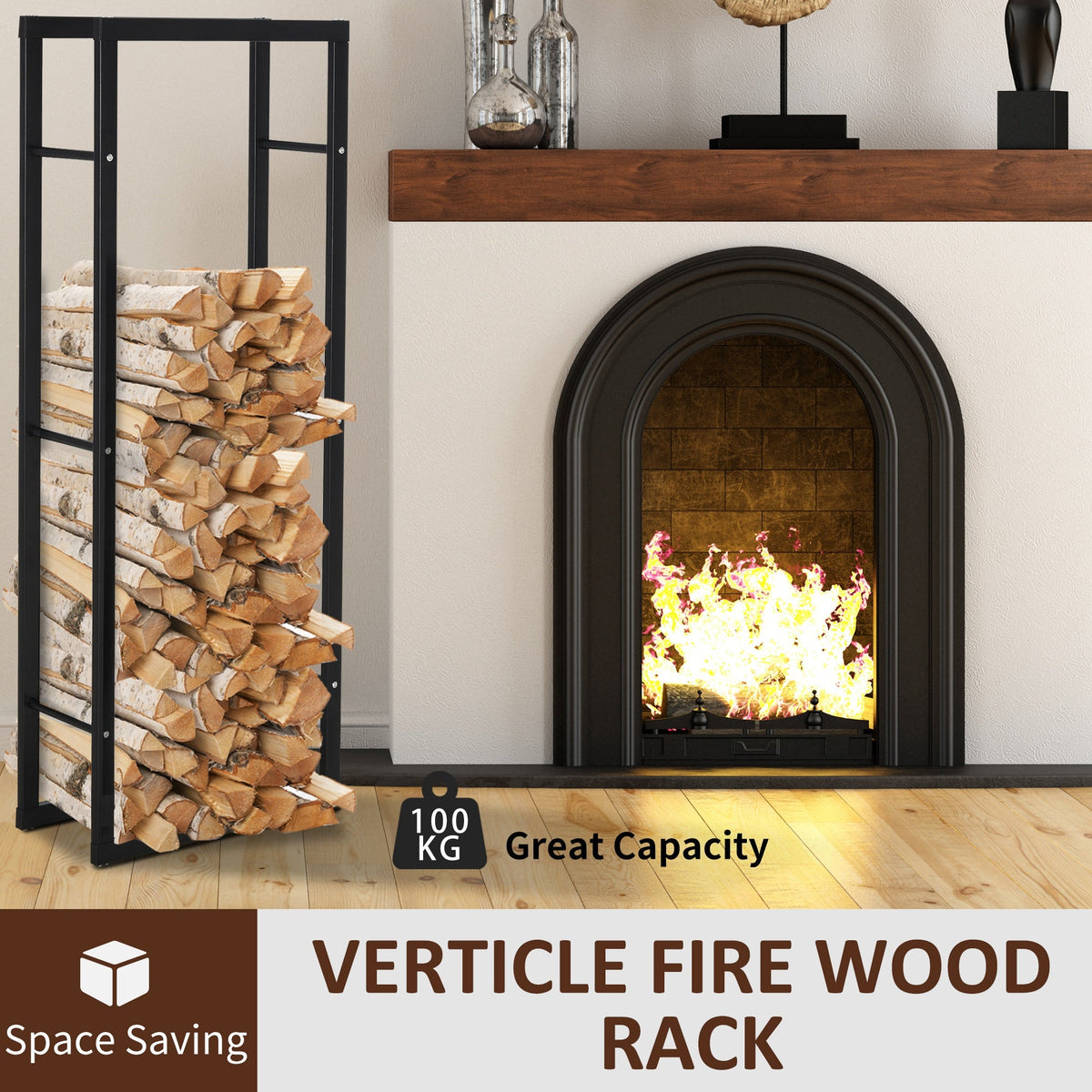 15.7" x 9.8" x 39.4" Firewood Rack Outdoor, Log Holder Fireplace Storage Rack with Handles and 220 lbs. Weight Capacity, Black