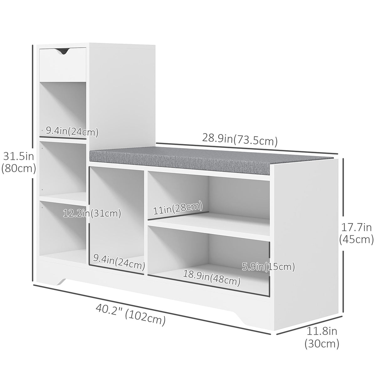 Upholstered Shoe Storage Bench w/ Seat, Entrance Bench w/ Drawer and 6 Open Shelves for Hallway, Grey