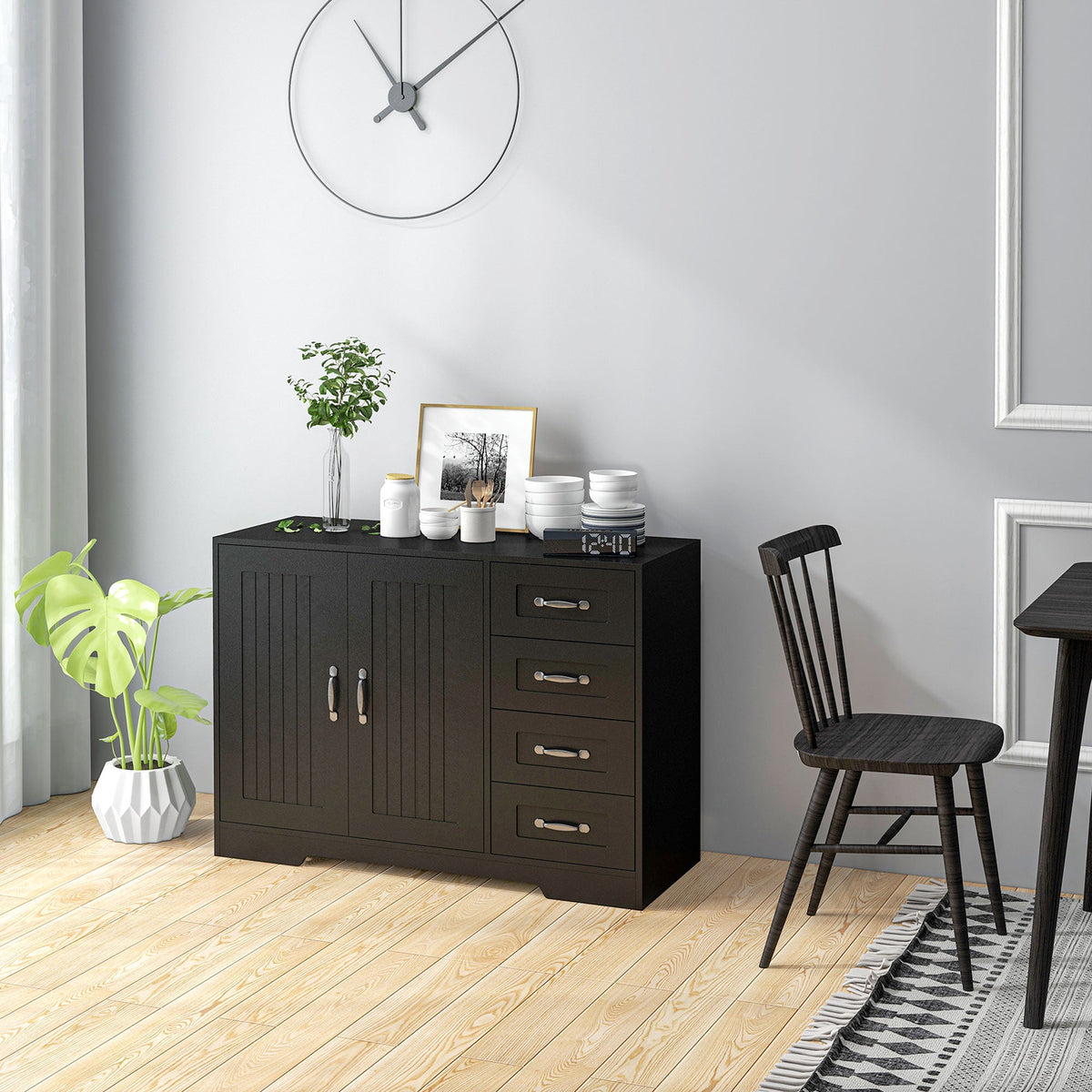 Modern Sideboard Buffet Cabinet with Drawers and Beadboard Door Cupboard Kitchen Storage Cabinet White