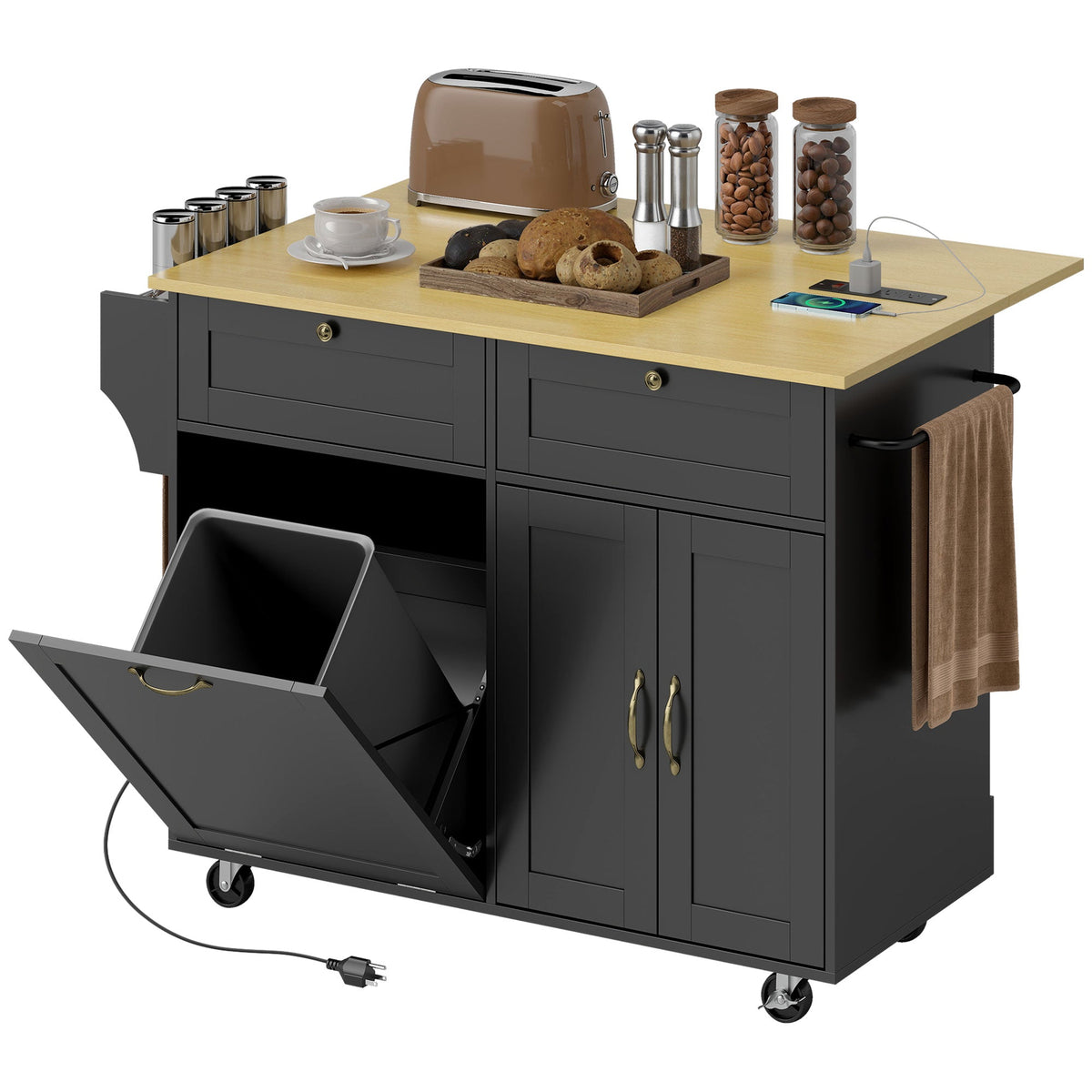 Kitchen Island Cart with Charging Station and Drop Leaf, Kitchen Island Table on Wheels with Trash Can Cabinet, Black