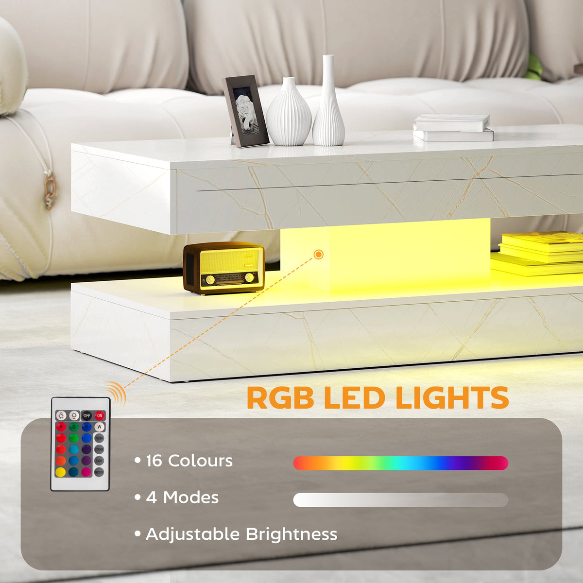 Coffee Table with Adjustable LED Lights, Modern Living Room Table with 2 Drawers, Open Shelf, Remote, High Gloss White
