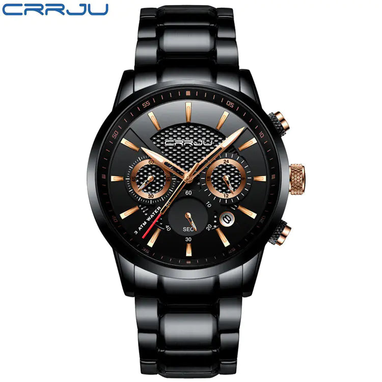 Stylish Men's Black Gold Steel Sports Watch with 3 Eyes