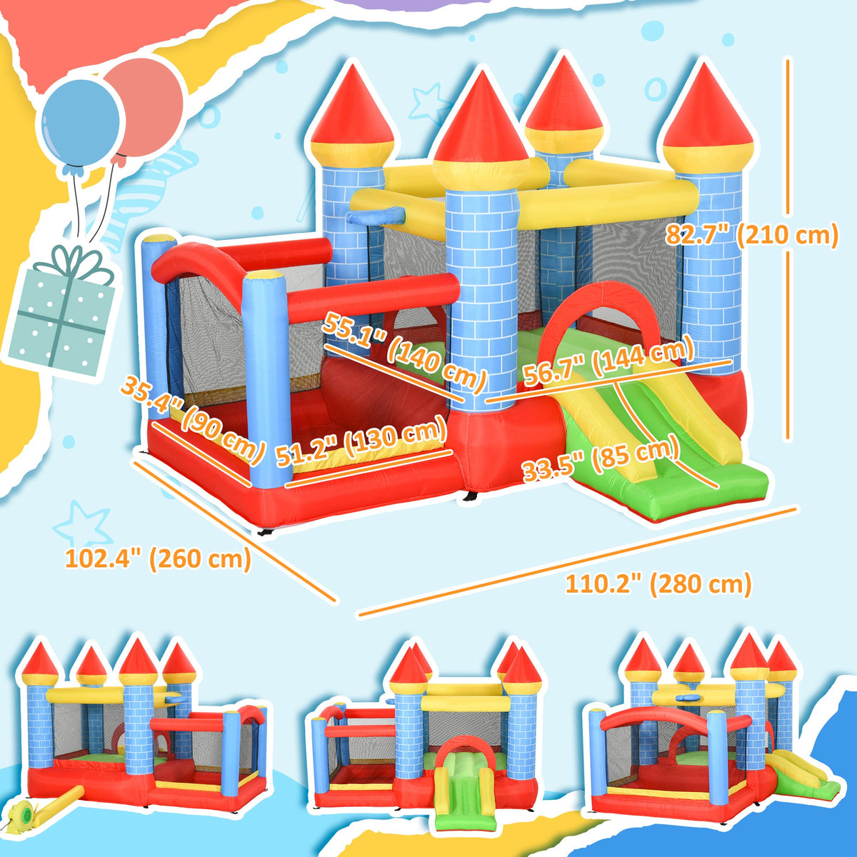 9.2 x 9.5FT Bounce House, 4 in 1 Inflatable Bouncy Castle for Kids With Trampoline, Slide, Water Pool, Basket, Blower