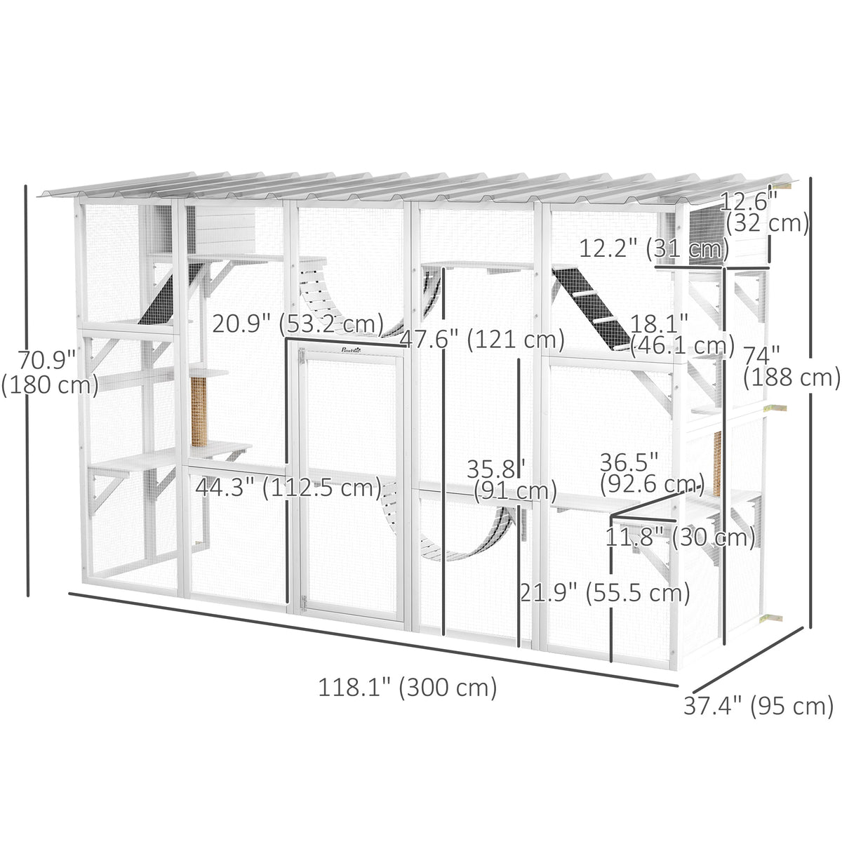 Large Outdoor Catio with Condos, Platforms, Doors, Ladders, Weather-Resistant Roof, Grey