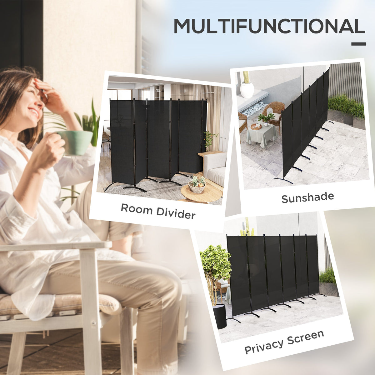 6 Panel Folding Room Divider, UV30+ Privacy Screen, Indoor Outdoor Privacy Panel with Stable Base, Beige