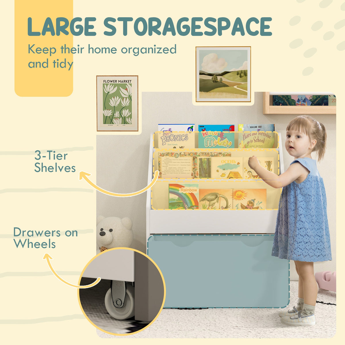 Kids Bookshelf with 3 Tier Display Shelves, Drawer for Nursery, Grey
