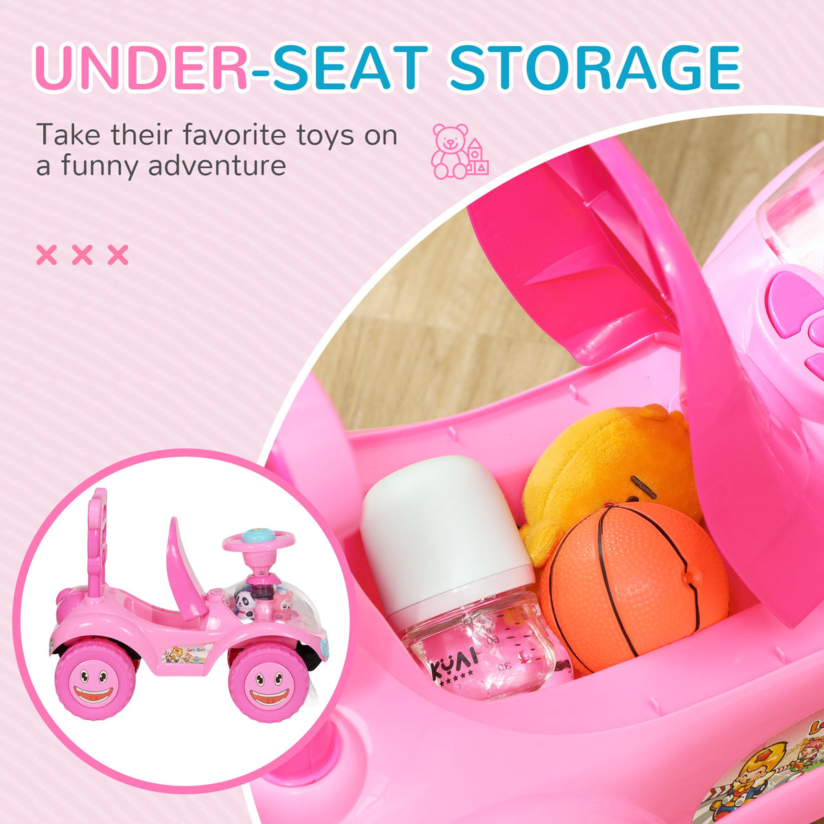 Toddlers Push Car with Horn, Light, Music, Anti-Over-Backwards Device, Steering Wheel, Under Seat Storage, Pink