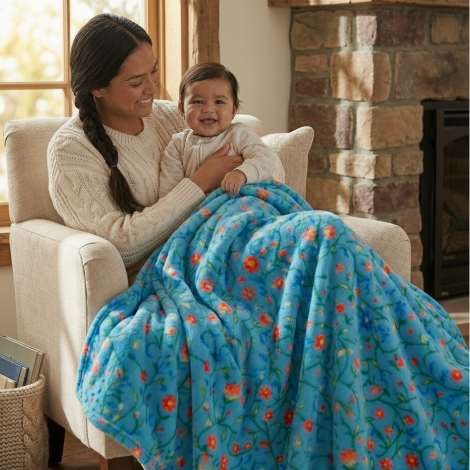 Anishinaabe Enchantment" turquoise Floral Plush Throw Blanket