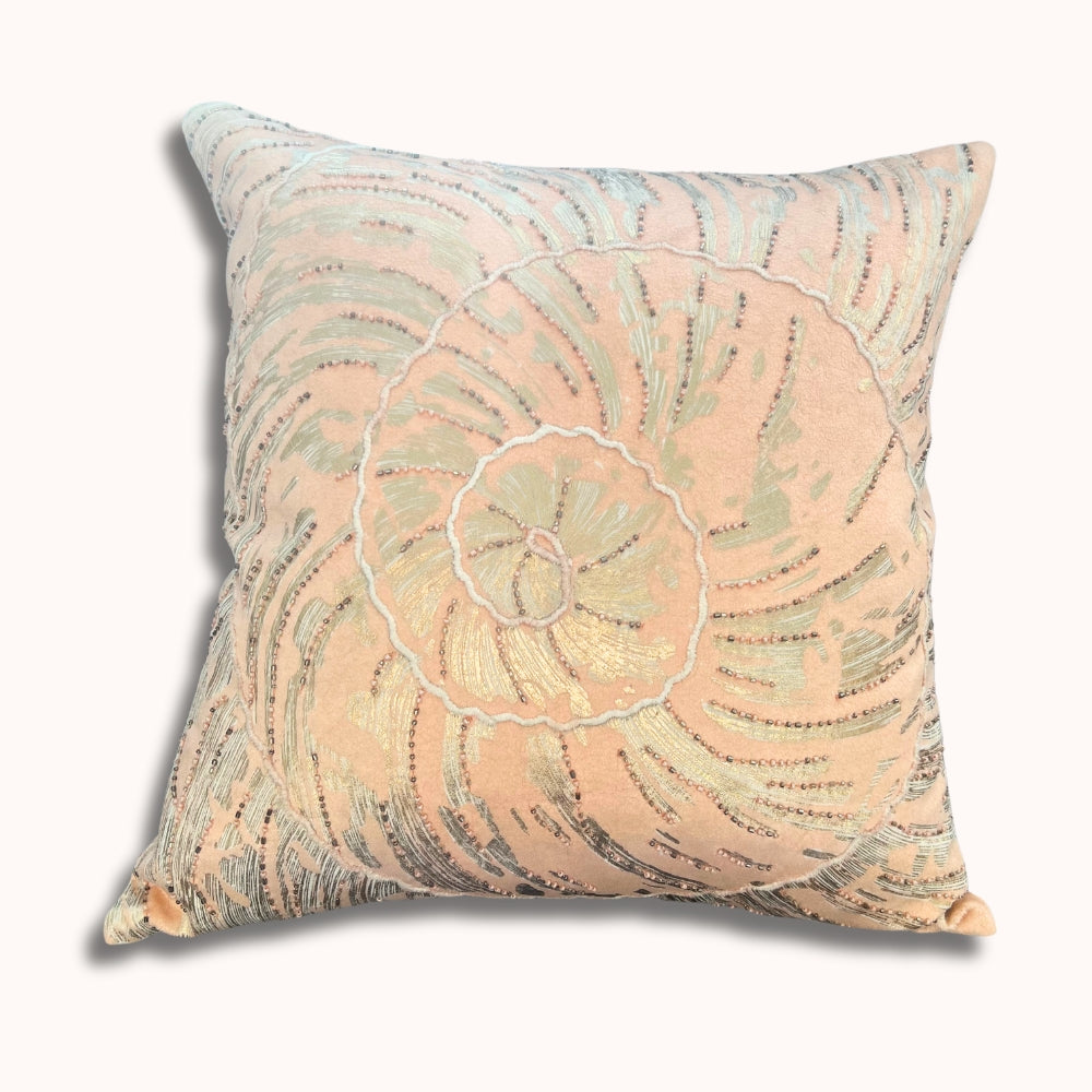 18x18" Blush Pink Velvet Pillow Cover – Gold Swirl Embroidery & Beads, Paper Silk Back