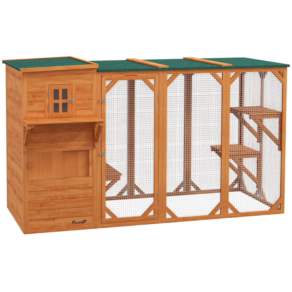 Wooden Cat Catio, 76"L Walk in Outdoor Cat House with Asphalt Roof, Platforms, Lockable Doors, 3-tier Resting Condo, Observation Window, for 2-3 Cats, Light Grey