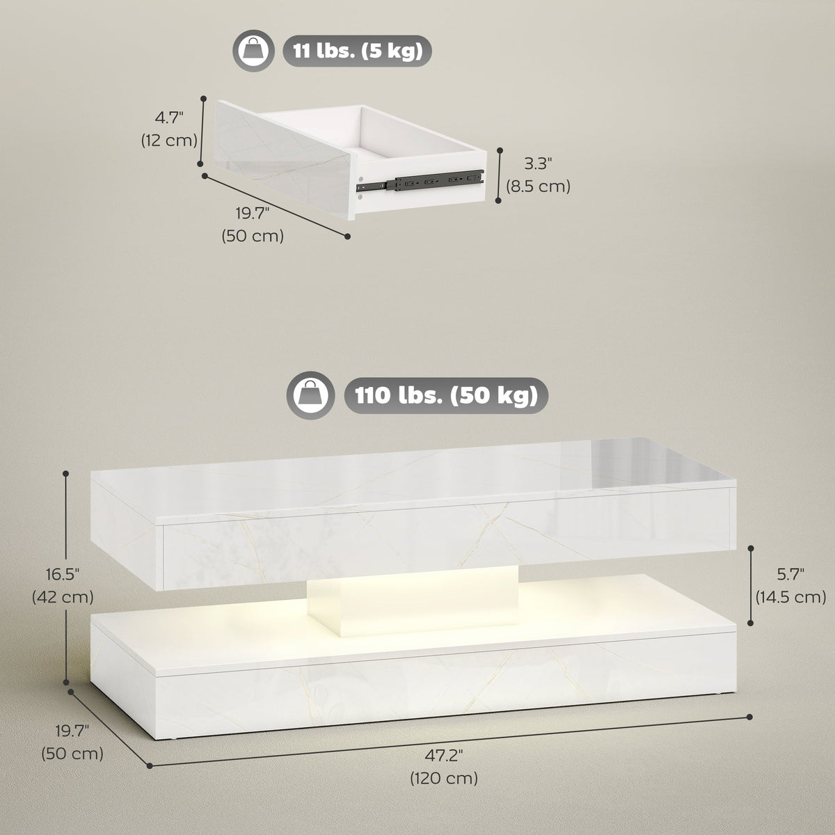 Coffee Table with Adjustable LED Lights, Modern Living Room Table with 2 Drawers, Open Shelf, Remote, High Gloss White