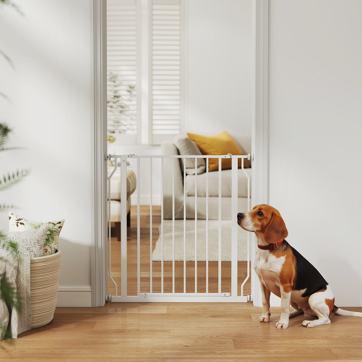30"- 45" Easy Install Pet Gate w/ Door & Double Locking System, Extra Wide Dog Gate for Stairs, Hallways, White