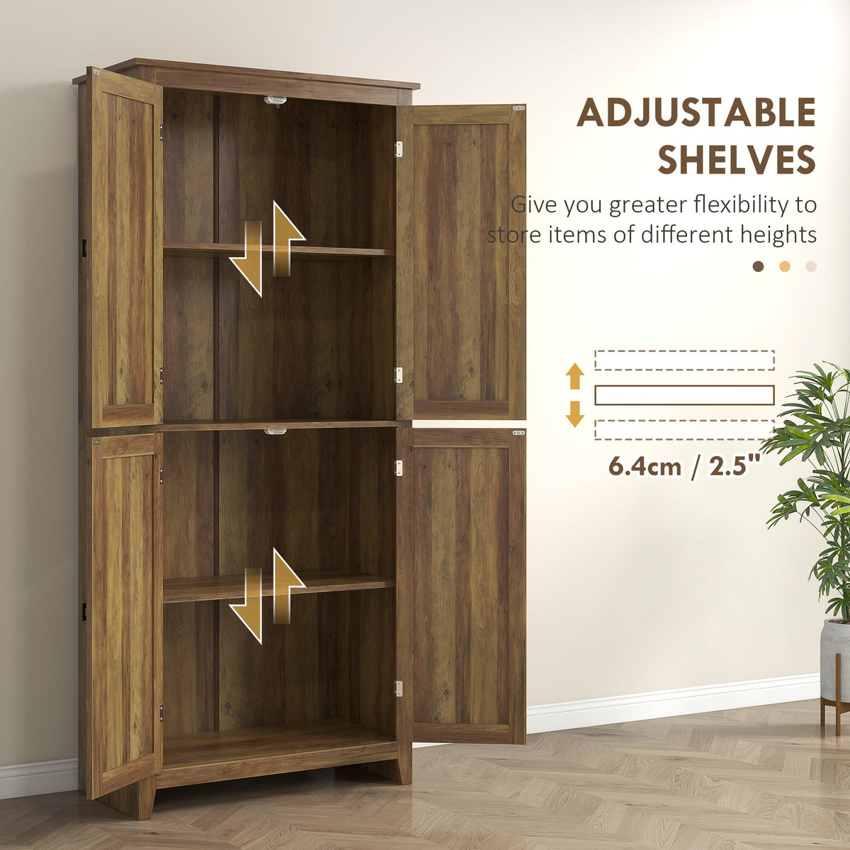 72" Freestanding Storage Cabinet, Kitchen Pantry Cabinet with Doors and Shelves for Dining Room, Natural