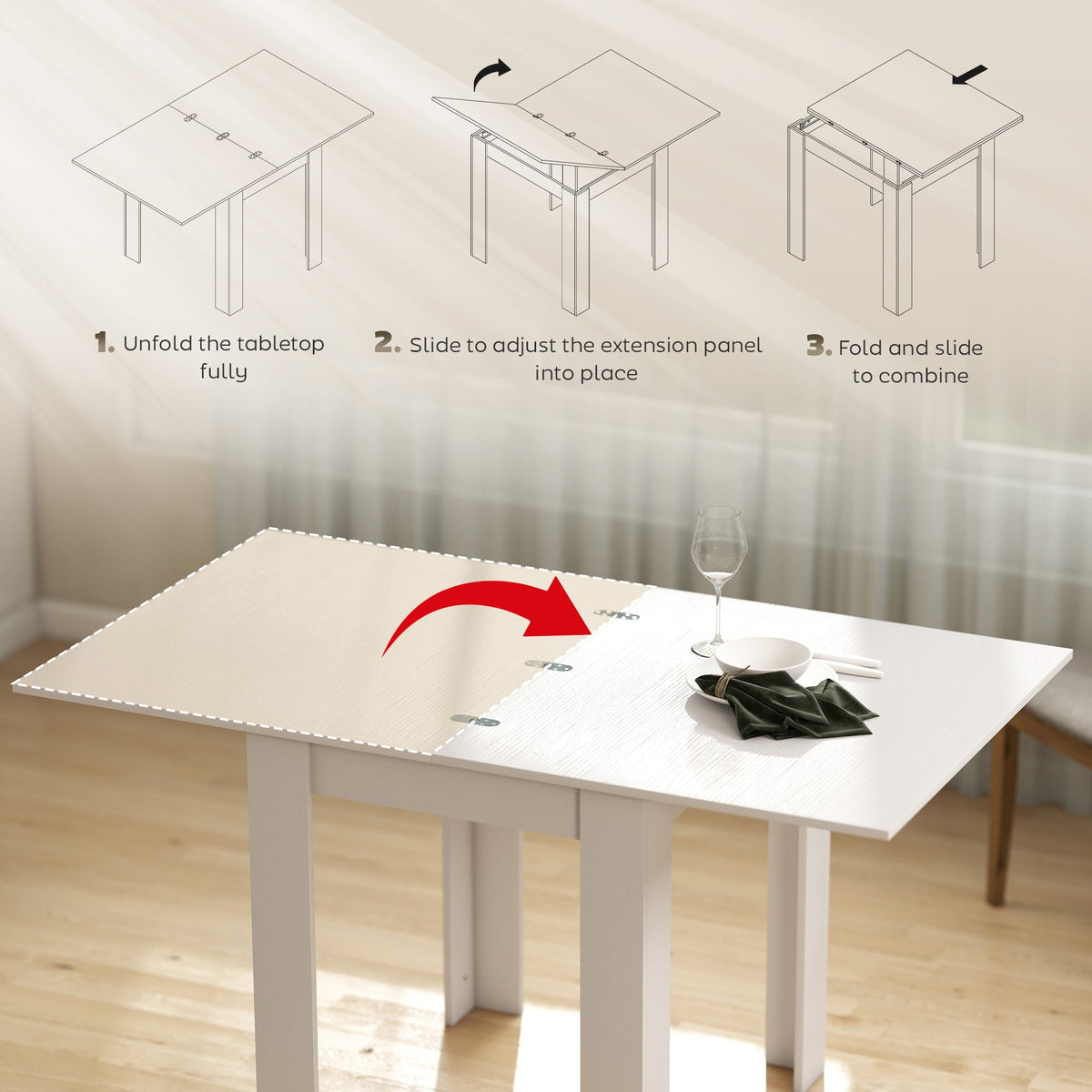 55" Extendable Dining Table for 4-6, Kitchen Table with Steel Slides and Felt Pads for Small Spaces, Black