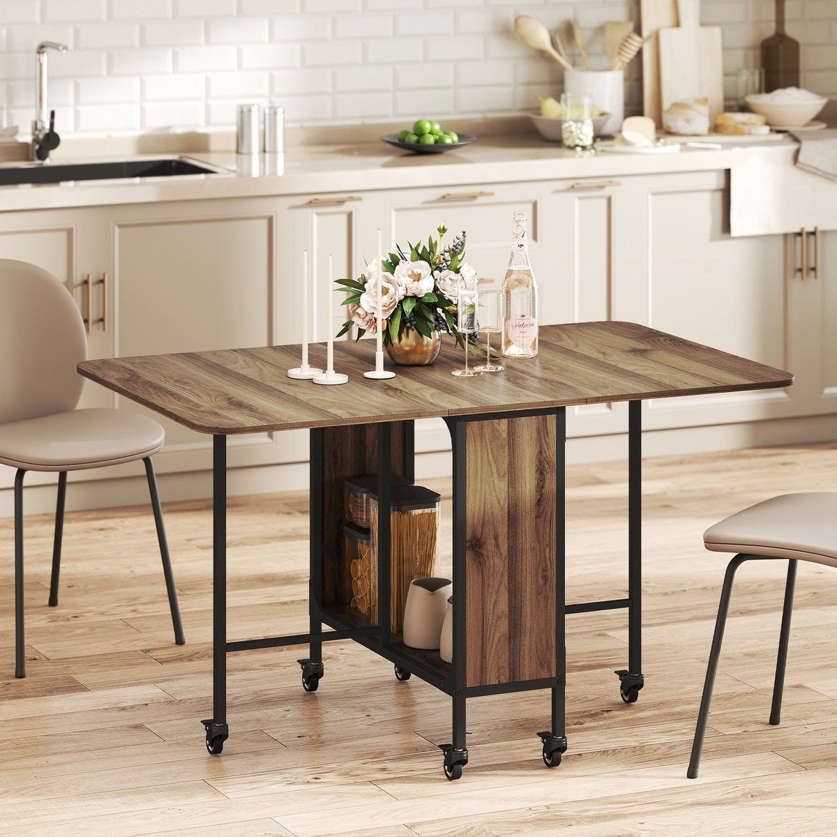Folding Dining Table, Extendable Kitchen Table for Small Spaces with Storage Shelf and 6 Wheels, Distressed Grey