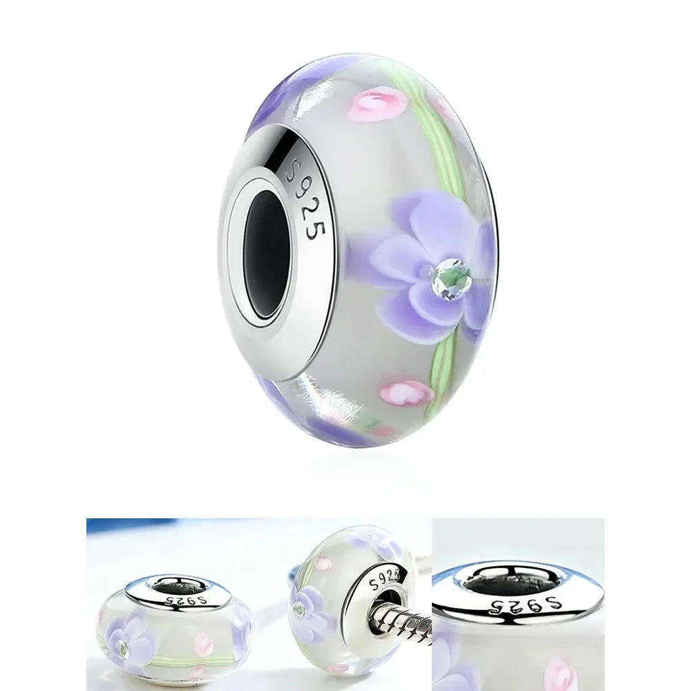 925 Sterling Silver Pink Flower Murano Glass Beads - Diy Bracelet Charms For A Festive Touch (Scz001)