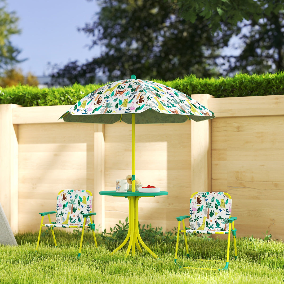 Kids Picnic Table, Kids Table and Chair Set with 2 Folding Chairs and Umbrella for Backyard, Garden, Patio, Green