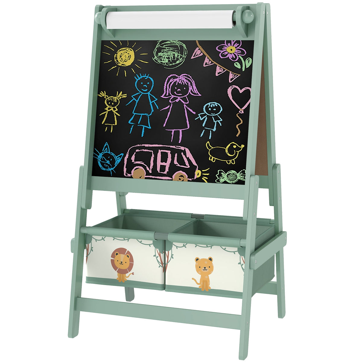 Art Easel for Kids, Double-Sided Whiteboard & Chalkboard with Paper Roll, 2 Storage Boxes, Gift for Boys, Girls, Green
