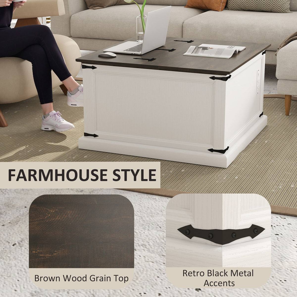 Lift Top Coffee Table with Charging Station, Square Farmhouse Center Table with Hidden Storage, Black Wood Grain