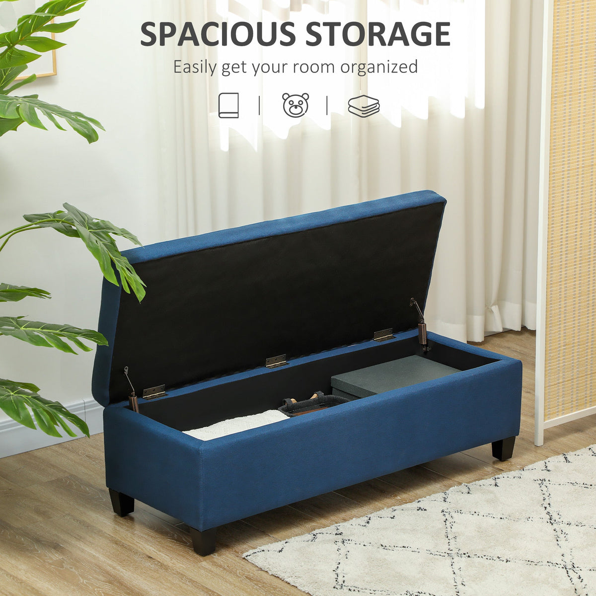Rectangular Entry Bench, Tufted Upholstered Linen Fabric Wood Feet Storage Ottoman Bench, Beige